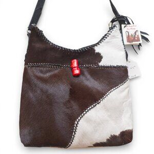 Old Bag Dot Hair-On Cowhide Patchwork Hobo Bag Coral Toggle NWT